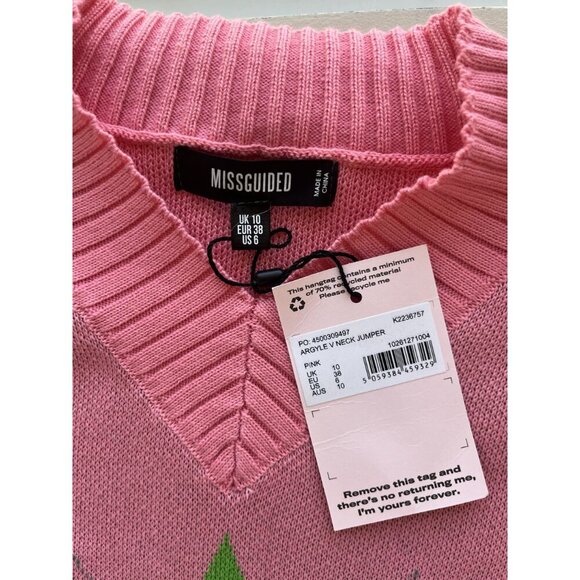 Missguided Pink & Green Argyle V-Neck Sweater NWT Size 6 - Picture 2 of 4